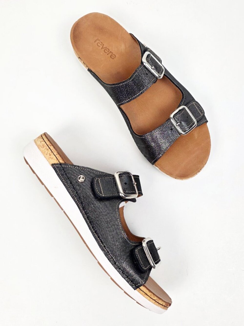 Revere Brighton Slide Sandals Black Linen NEW - 9